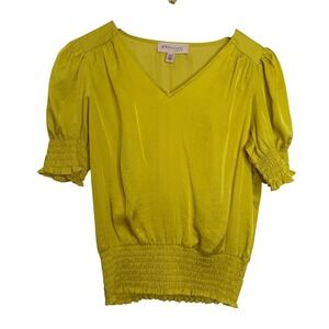 Philosophy Republic Clothing Chartreuse Satin Smocked Puff Sleeve Blouse XS